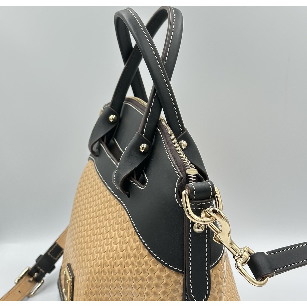 Dooney Bourke Beacon Black Brown Smooth Leather Woven Embossed Domed Satchel Bag - Picture 5 of 16